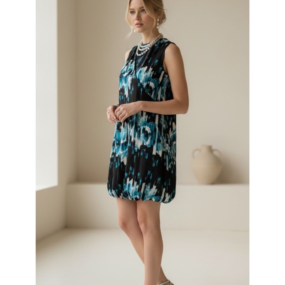 Derek Lam Silky Sleeveless Black Dress -  Blue & White Abstract Floral - size L